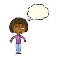cartoon woman shrugging shoulders with thought bubble N192