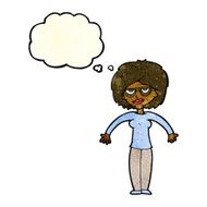 cartoon woman shrugging shoulders with thought bubble N193