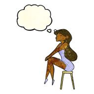 cartoon woman sitting on stool with thought bubble N8