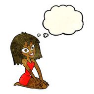 cartoon happy woman in dress with thought bubble N10