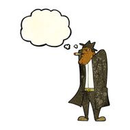 cartoon man in hat and trench coat with thought bubble N4