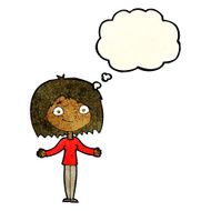 cartoon woman shrugging shoulders with thought bubble N195
