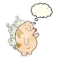 cartoon fat smelly pig with thought bubble