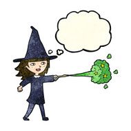 cartoon witch girl casting spell with thought bubble N7