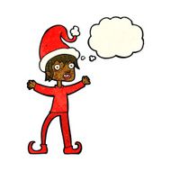 cartoon excited christmas elf with thought bubble N4