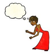 cartoon woman in dress gesturing with thought bubble N4