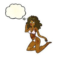 cartoon woman in underwear looking thoughtful with thought bubbl N4