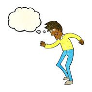 cartoon happy man dancing with thought bubble N16