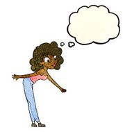 cartoon woman reaching to pick something up with thought bubble N4