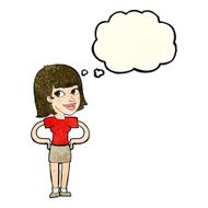 cartoon happy woman with hands on hips thought bubble N8