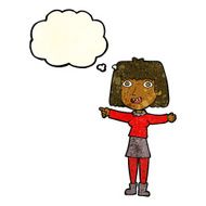 cartoon happy woman pointing with thought bubble N28