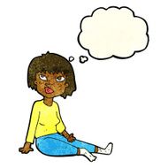 cartoon woman sitting on floor with thought bubble N4