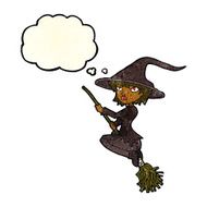 cartoon witch riding broomstick with thought bubble N8