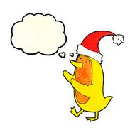 cartoon bird wearing xmas hat with thought bubble N2