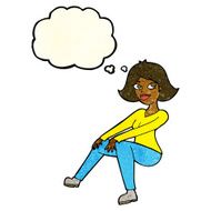 cartoon happy woman sitting with thought bubble N7