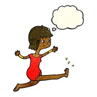 cartoon happy woman kicking with thought bubble N4