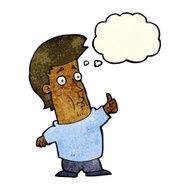cartoon man giving thumbs up sign with thought bubble N8