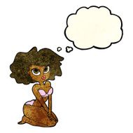 cartoon woman wearing bikini with thought bubble N3