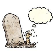 cartoon zombie rising from grave with thought bubble N2