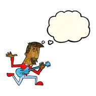 cartoon man playing electric guitar with thought bubble N8