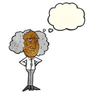 cartoon big hair lecturer man with thought bubble N4