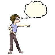 cartoon hip woman pointing with thought bubble N4