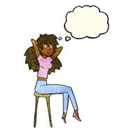 cartoon woman posing on stool with thought bubble N4