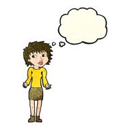 cartoon woman shrugging shoulders with thought bubble N197
