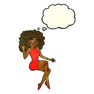 cartoon sitting woman waving with thought bubble N4