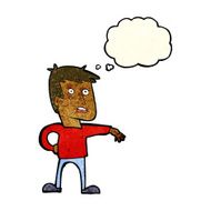 cartoon man making camp gesture with thought bubble N12
