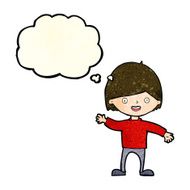 cartoon waving boy with thought bubble N8