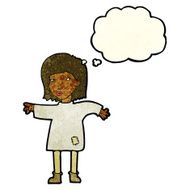 cartoon woman in patched clothing with thought bubble N4