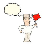 cartoon man waving flag with thought bubble N5