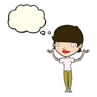 cartoon woman holding arms in air with thought bubble N5