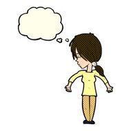cartoon woman shrugging shoulders with thought bubble N199