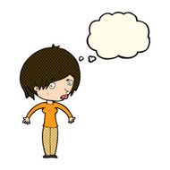 cartoon woman shrugging with thought bubble N25