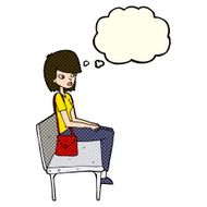 cartoon woman sitting on bench with thought bubble N5