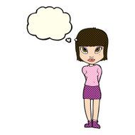 cartoon woman standing with thought bubble N9
