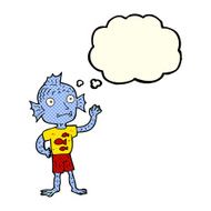 cartoon waving fish boy with thought bubble N5