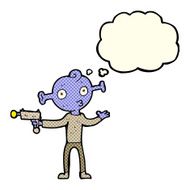 cartoon alien with ray gun thought bubble N5