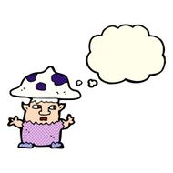 cartoon little mushroom man with thought bubble N5