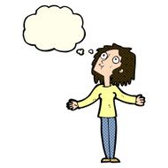 cartoon curious woman looking upwards with thought bubble N5