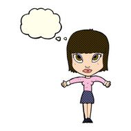 cartoon woman shrugging with thought bubble N26