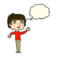 cartoon unhappy boy waving with thought bubble N3