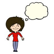 cartoon woman shrugging shoulders with thought bubble N200
