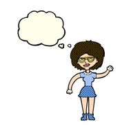 cartoon waving woman wearing spectacles with thought bubble N5