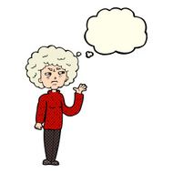 cartoon annoyed old woman waving with thought bubble N4