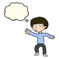 cartoon boy waving warning with thought bubble N5