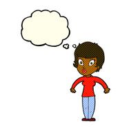 cartoon woman shrugging shoulders with thought bubble N202