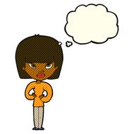 cartoon woman gesturing at herself with thought bubble N5